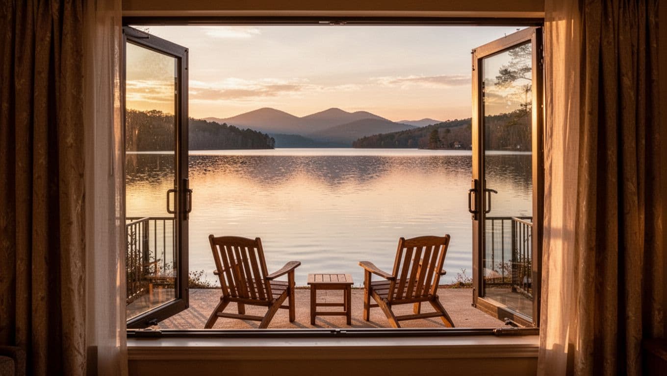 Hotel window view of Lake Guntersville at sunrise with mountains and wooden deck chairs, under green NEARBY STAYS header.