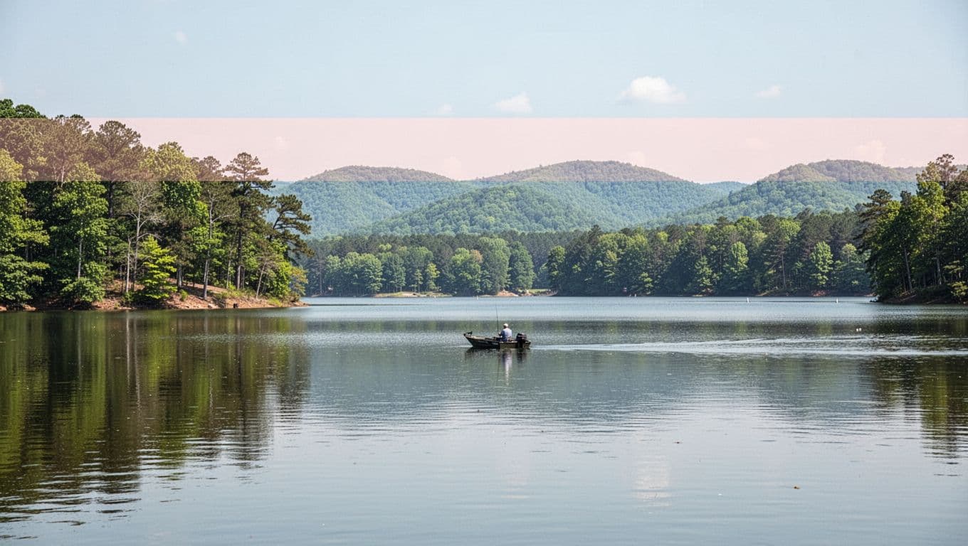 Calm Lake Guntersville waters with wooded shoreline docks, small boat, distant angler, rolling green hills, clear sky, and top green 'NEARBY STAYS' banner.