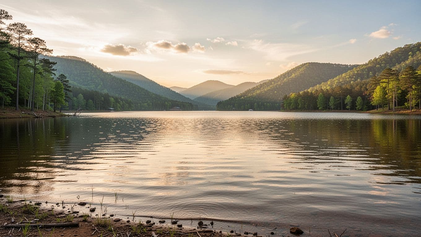 Lake Guntersville shoreline with calm foreground water and distant mountains in golden hour light, topped by green 'Local View' band.
