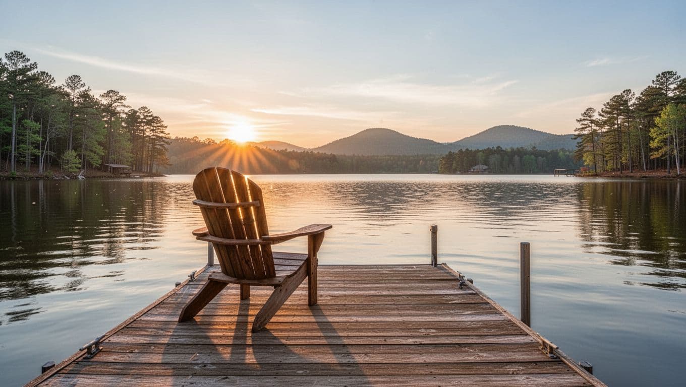 Wooden dock with Adirondack chair overlooks calm Lake Guntersville at sunset, pine trees on shore, distant mountains, green 'LAKE OUTDOORS' band at top.