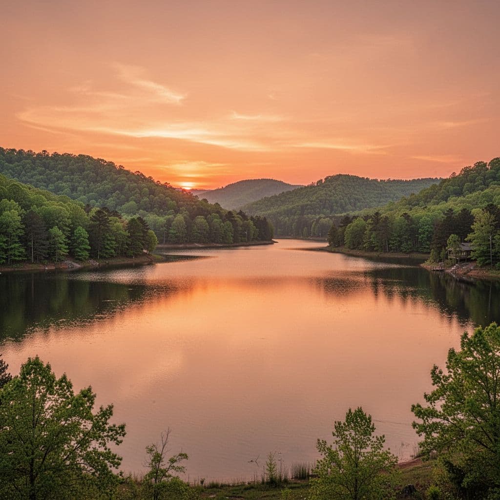 Rolling green hills overlook the calm waters of Lake Guntersville under a golden sunset.