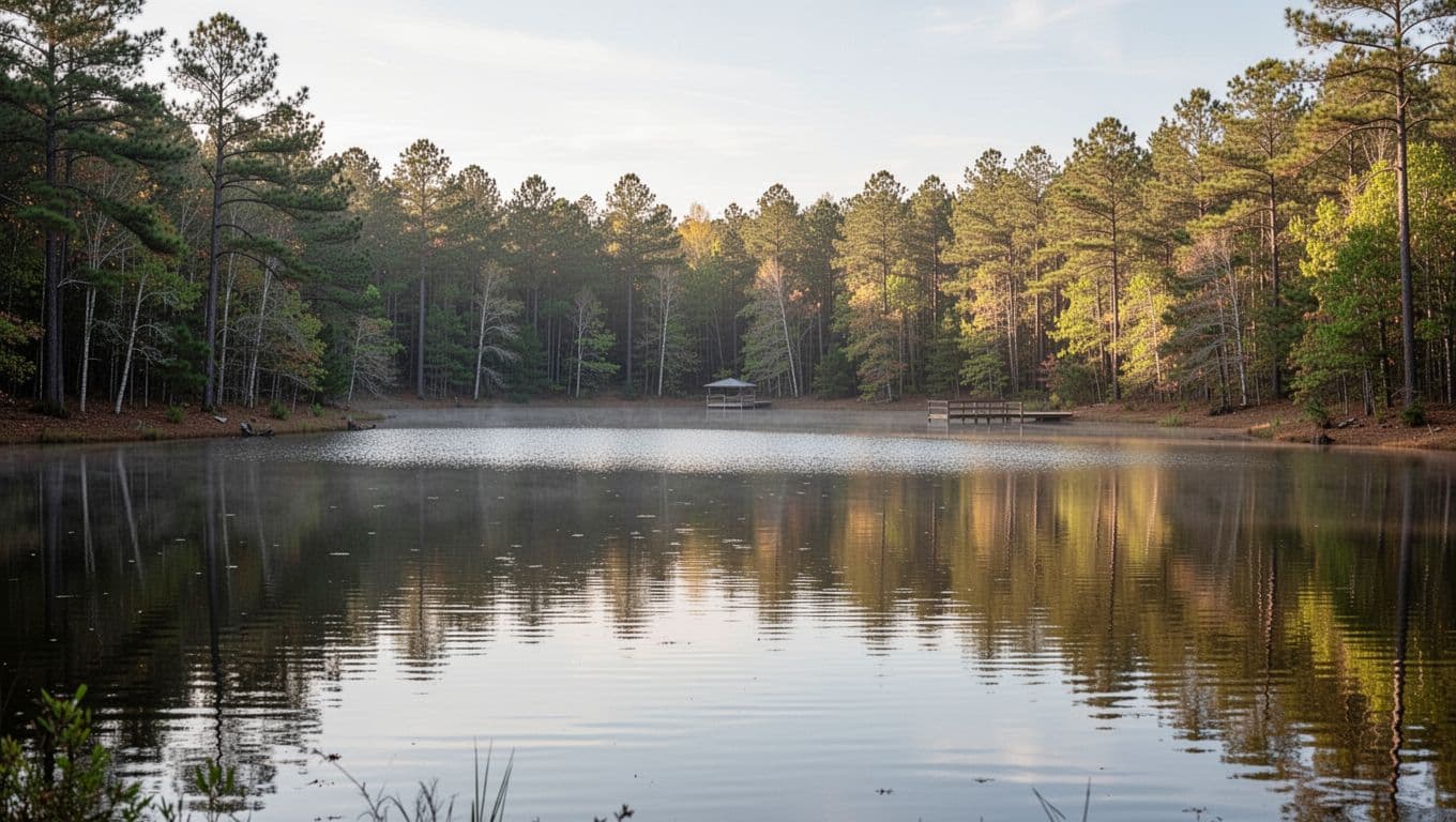 Calm lake in Alabama forest with wooded shoreline and distant dock under soft morning light, green header band with title.