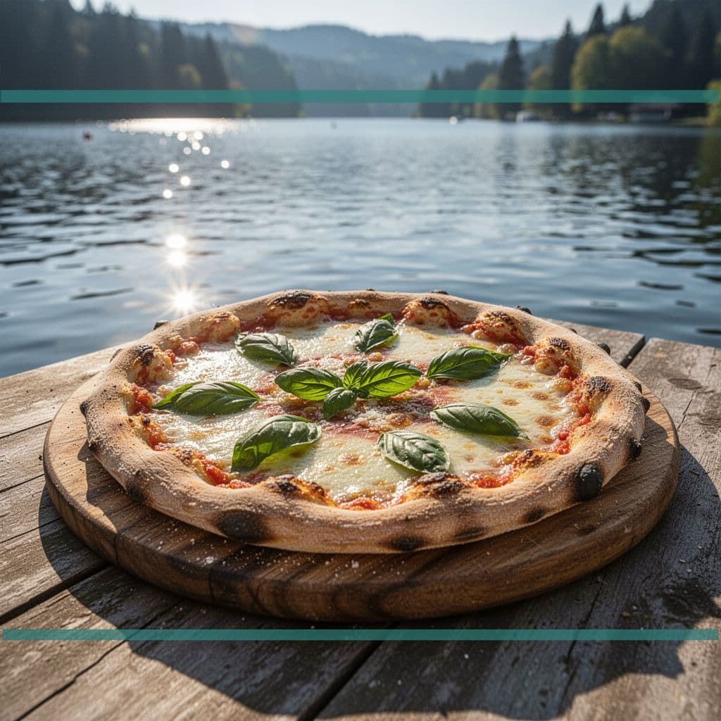 Gourmet artisan pizza on wooden table in lakeside setting under green Lake Martin Pizza headline band.