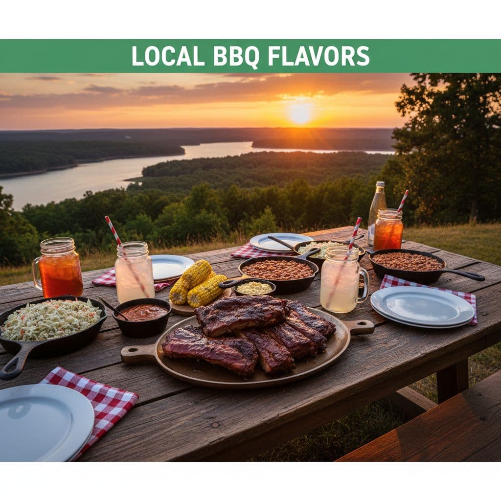 Rustic outdoor BBQ table with ribs and sides, Lake Martin landscape behind, top headline band 'Local BBQ Flavors'.
