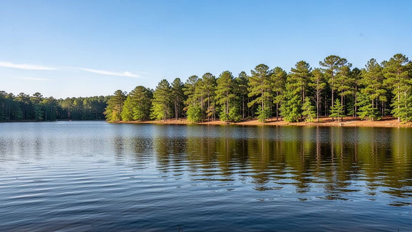 Calm Lake Martin waters reflect blue sky with pine trees along shore, topped by 'Lake Martin Dining' headline.