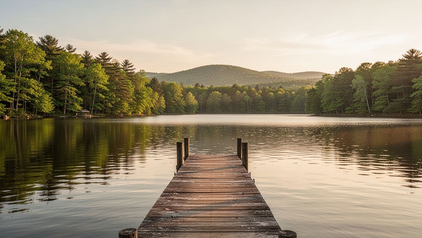 Calm lake waters meet wooded shores with dock extending into water; distant hills under golden light, green top band with 'LAKE MARTIN' headline.