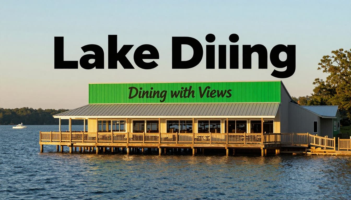 Wooden deck restaurant exterior overlooks calm blue Lake Martin waters with distant boats in golden hour light, green Lake Dining band at top.