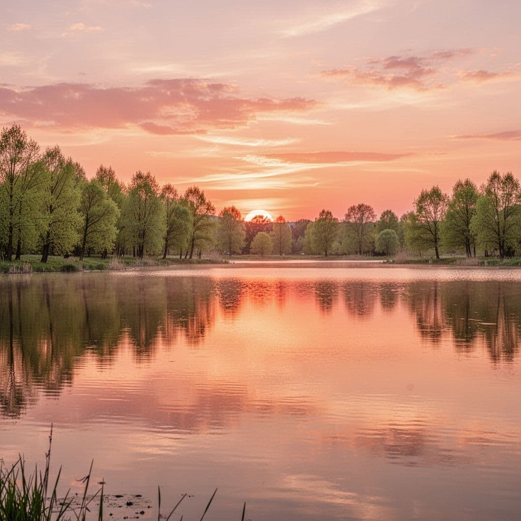 A calm lake reflects the sunset colors near a tree-lined shoreline under a Lake Wedowee header.