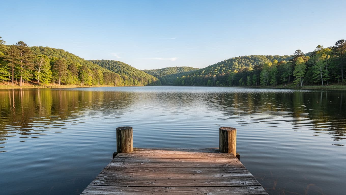 Lake Wilson with green hills, calm water, wooden dock in foreground, blue sky, warm sunlight, green top band with Killen Stays headline.