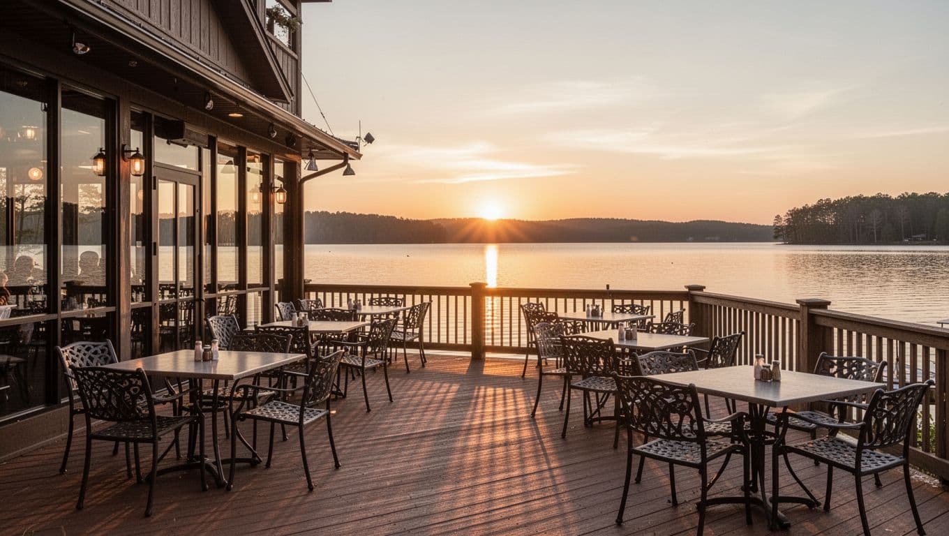 Green band with 'LAKESIDE DINING' text above sunset view of empty wooden deck, tables, chairs overlooking Lake Guntersville.