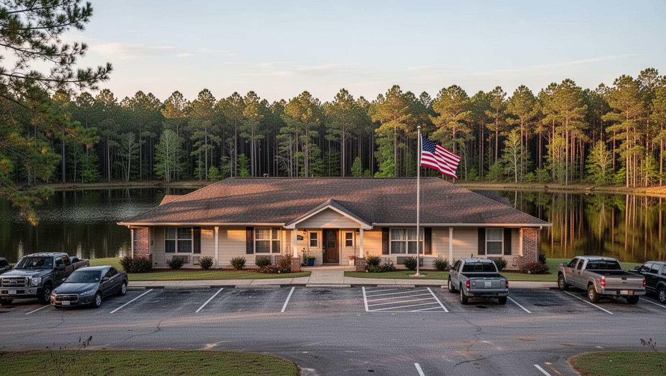 Cozy motor lodge with parking lot by lake, American flag, pine forest backdrop in warm evening light, green top banner reading Lakeview Lodge.