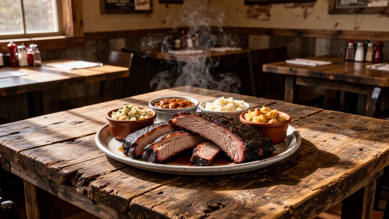 A rustic restaurant table features a platter of smoked meats and sides under warm lighting.