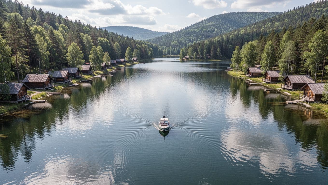 Aerial view shows Lewis Smith Lake with shoreline cabins, forested hills, calm water, and a boat.