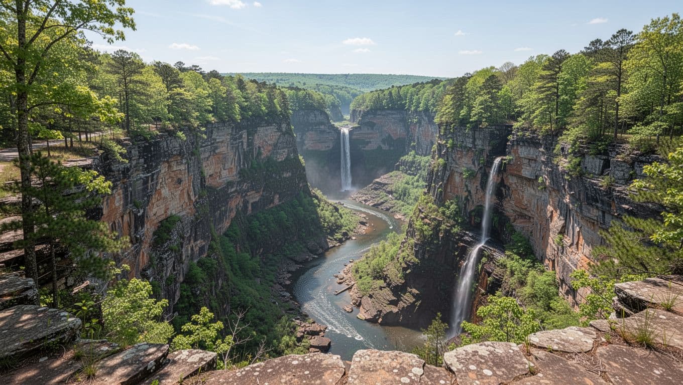 Deep canyon with winding river through rock walls, distant waterfalls, lush green rims from overlook under clear skies, topped by green 'Canyon Views' banner.