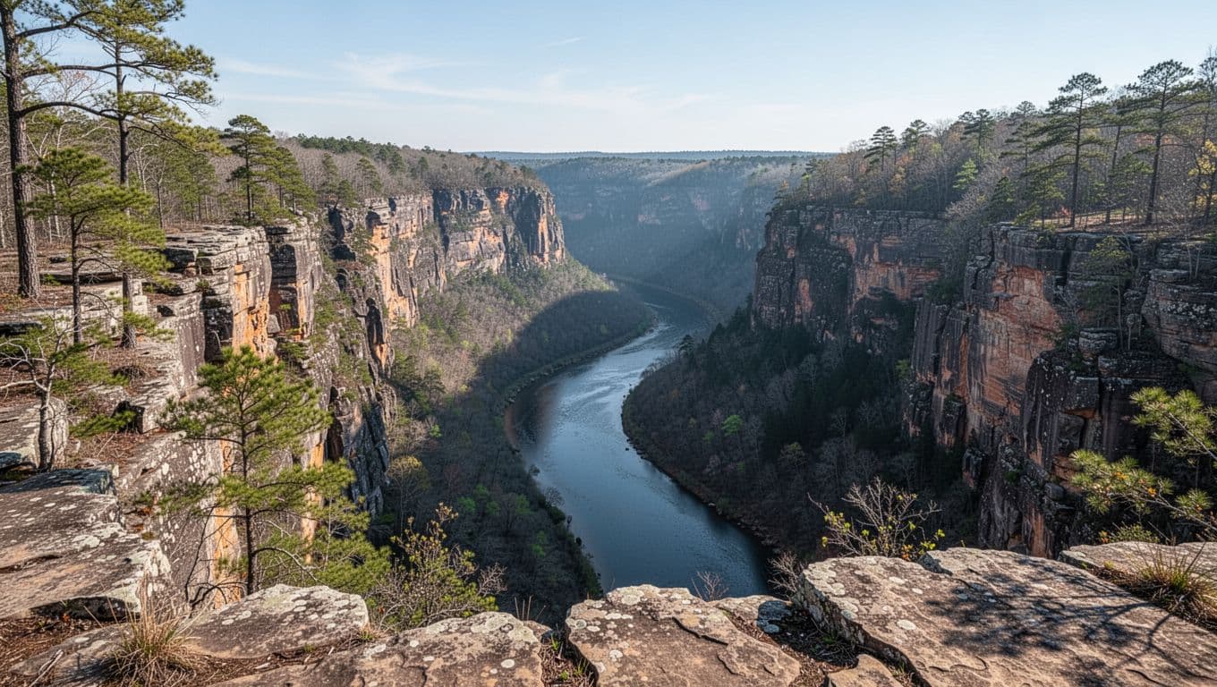 Wide rim viewpoint of deep gorge with river below, rocky cliffs, and trees on sunny day. Top green band with bold white CANYON ADVENTURES headline.