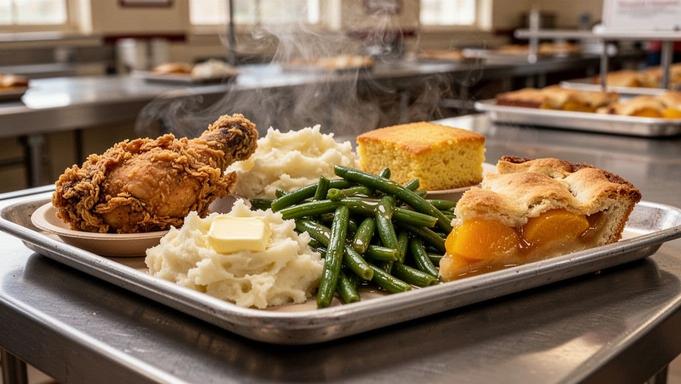 Loaded tray with fried chicken, mashed potatoes, green beans, cornbread, peach cobbler, steam rising, green 'Buffet Best' banner.
