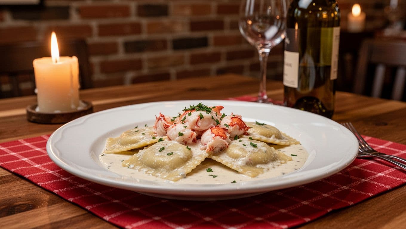 Lobster ravioli with creamy sauce and herb garnish on candlelit red checkered tablecloth with wine bottle amid brick walls, green banner with 'RAVIOLI DELIGHT' headline above.
