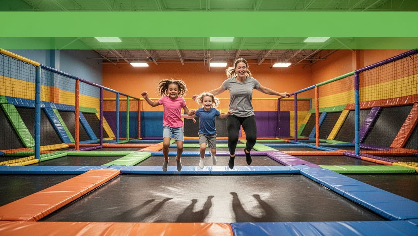 Two kids and adult jump on trampolines in bright indoor park with colorful walls and safety nets under green LOCAL ATTRACTIONS band.