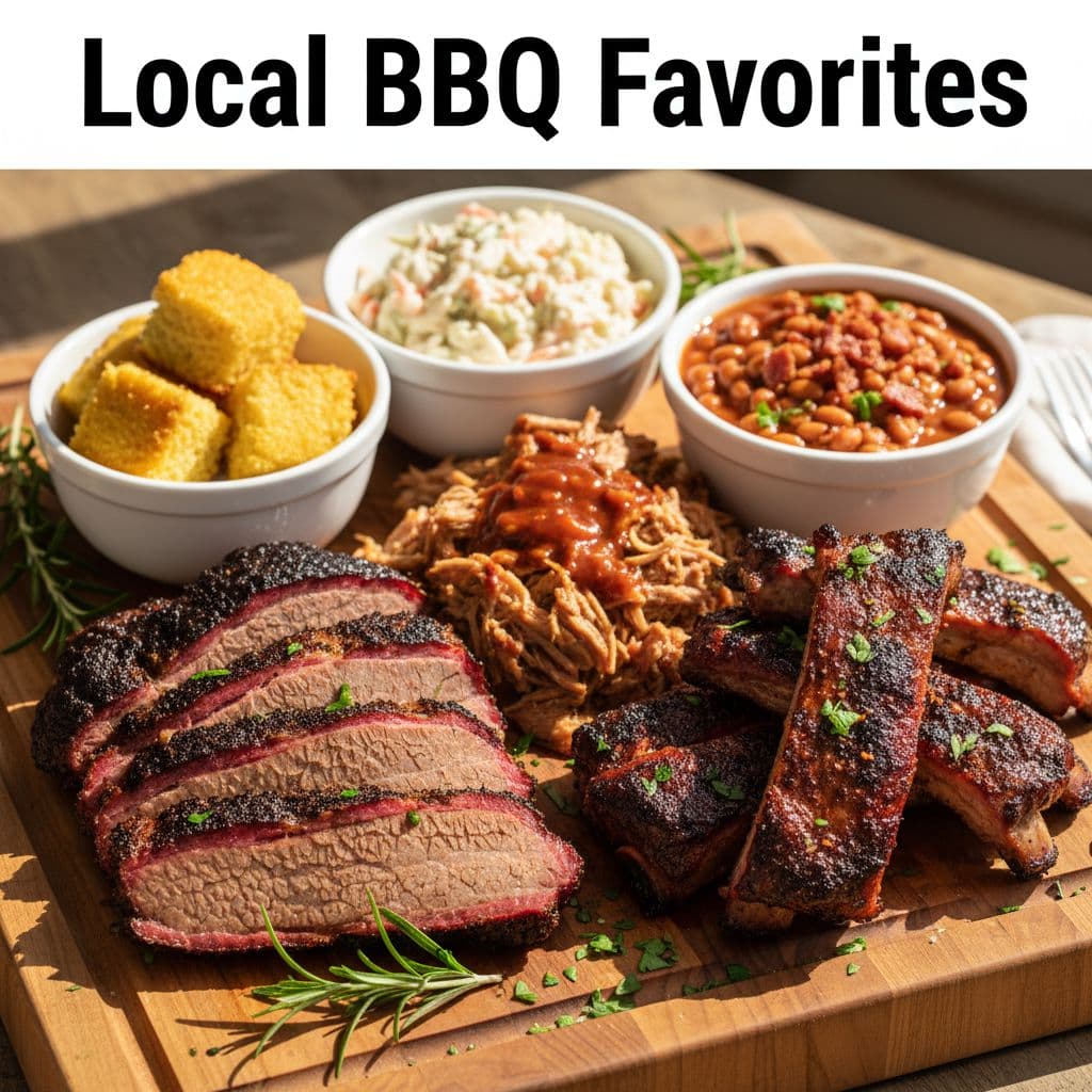Close-up of grilled meat and sides on rustic wooden board with top headline band 'Local BBQ Favorites'.