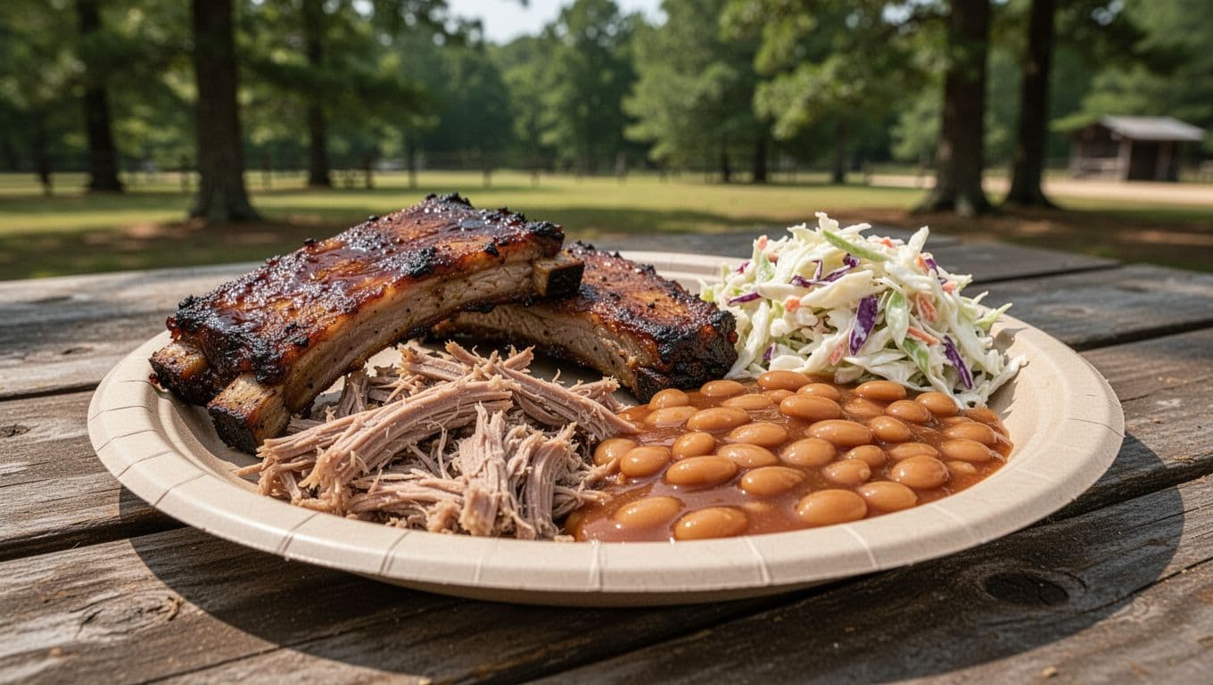 Paper plate of smoked ribs, pulled pork, coleslaw, and baked beans on picnic table outdoors amid green trees with LOCAL BBQ green headline.