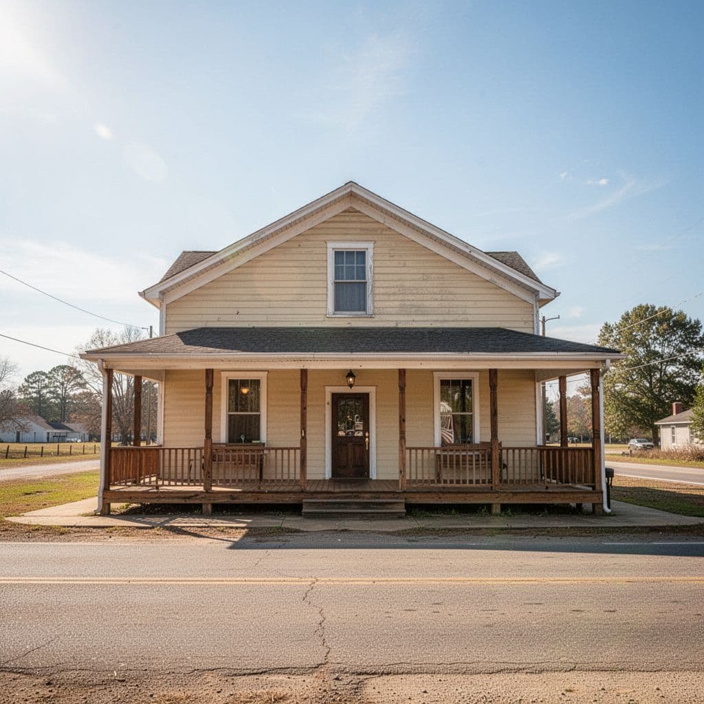 A classic small-town restaurant features a welcoming porch under a bright blue sky.