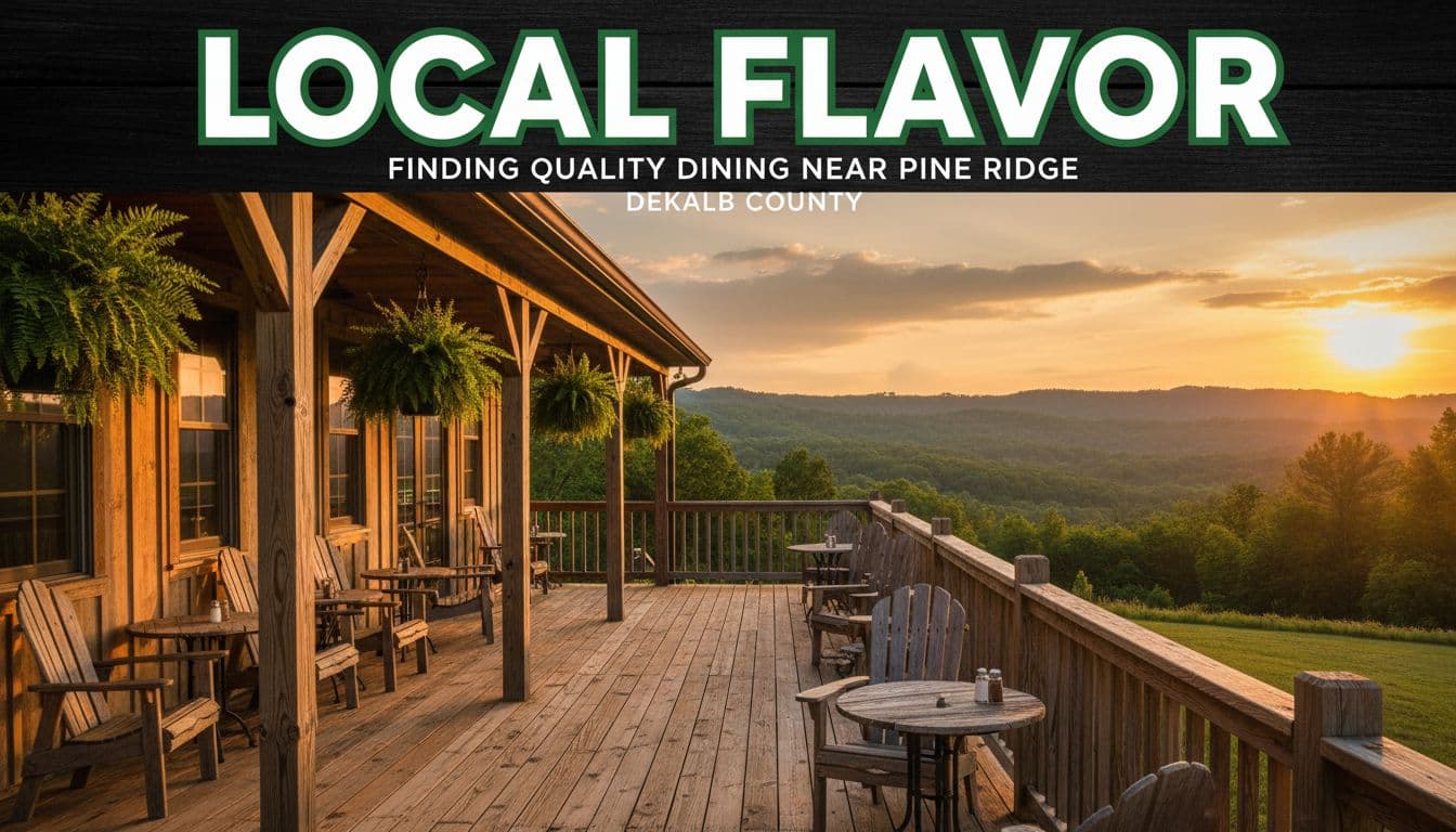 Classic Southern restaurant exterior features rustic wooden porch seating against rolling hills with bold 'Local Flavor' headline.