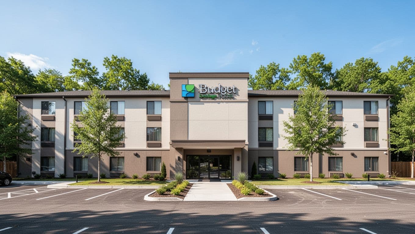 Wide front view of clean modern budget hotel with parking lot, green trees, blue sky, and green Hotel Picks banner at top.