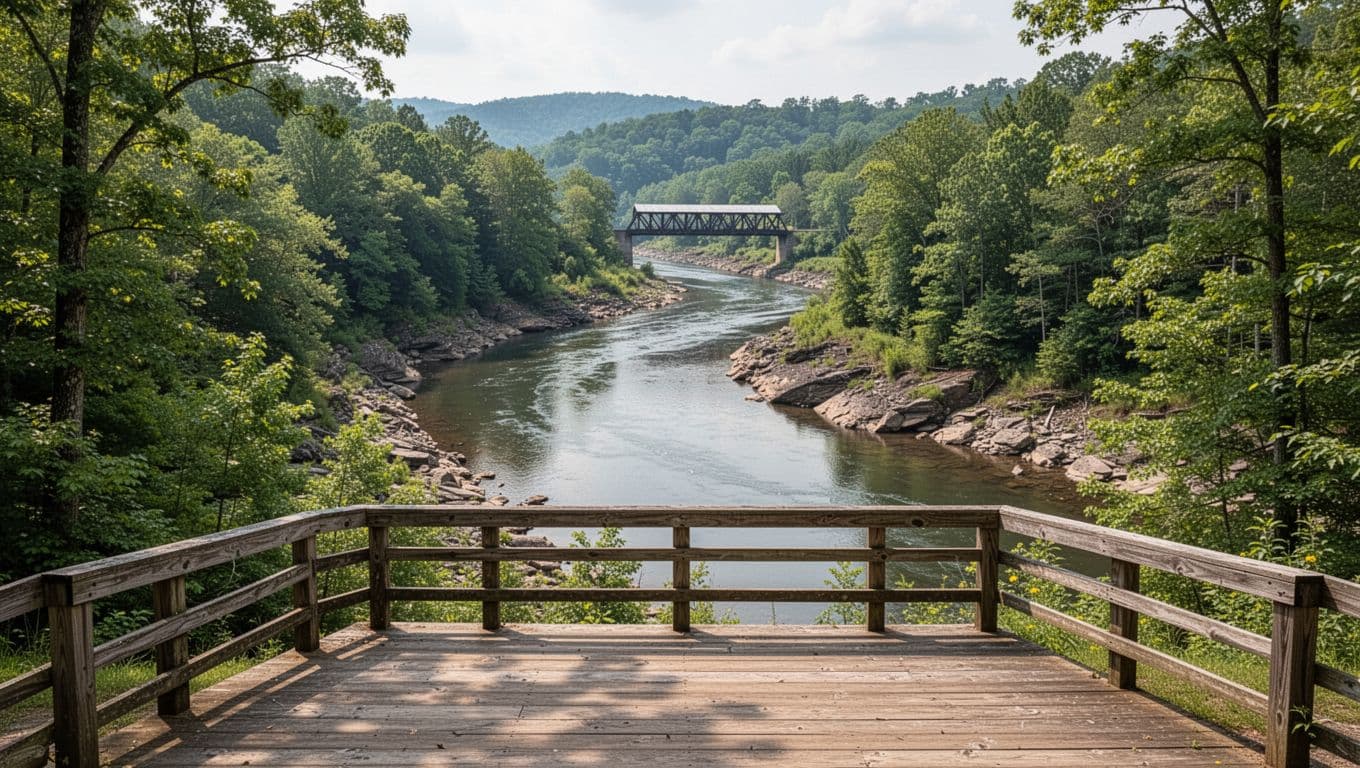 Winding river through green forests, covered bridge in distance, rocky banks, overlook platform foreground, green 'River Escape' headline band at top.