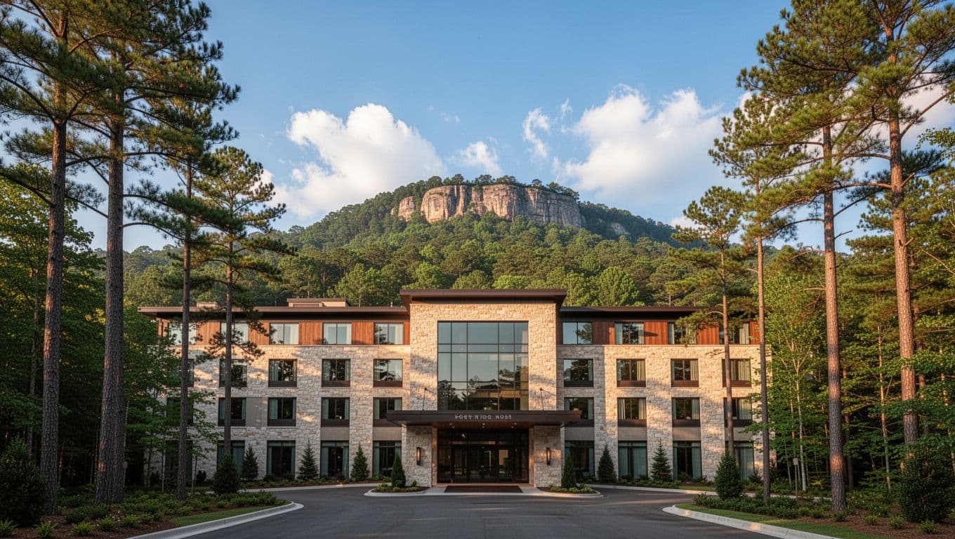 Front view of modern hotel nestled at forested mountain base under clear blue sky, topped with green 'Mountain Hotels' band.