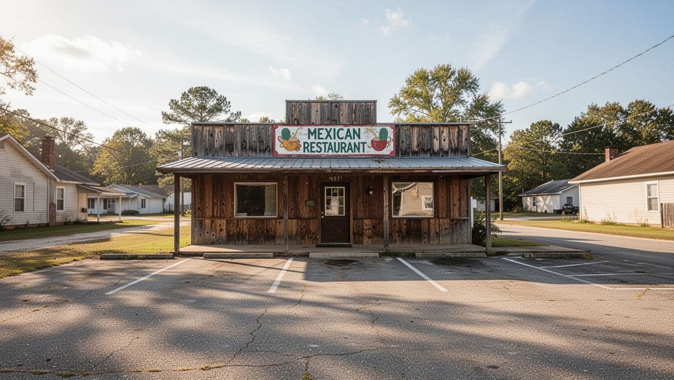 Sunny exterior of Los Charros Mexican restaurant in rural Alabama with wooden signboard and parking lot, green top band reading MEXICAN FAVORITE.
