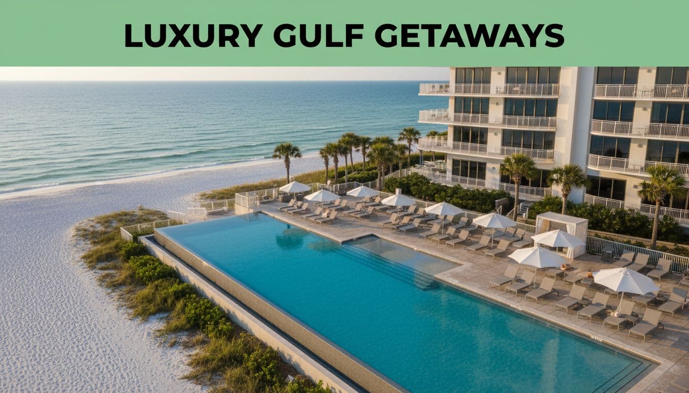 Green banner with 'Luxury Gulf Getaways' tops infinity-edge pool overlooking white sand beach and turquoise Gulf, lounge chairs, palms, high-rise in golden light.