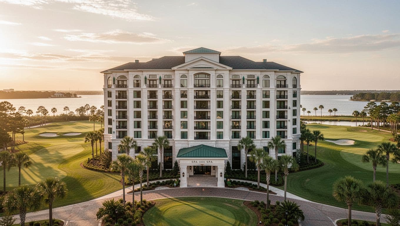 Grand multi-story resort facade with golf course, spa entrance, manicured lawns, palms, bay views at golden hour, green top band 'Nearby Resorts'.