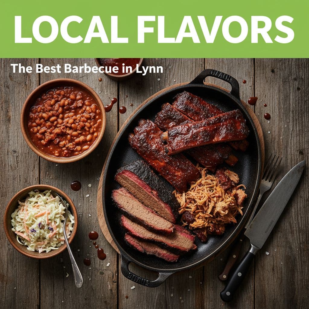 Top-down view of rustic wooden table with smoked ribs, brisket, baked beans, coleslaw, and green 'Local Flavors' band.