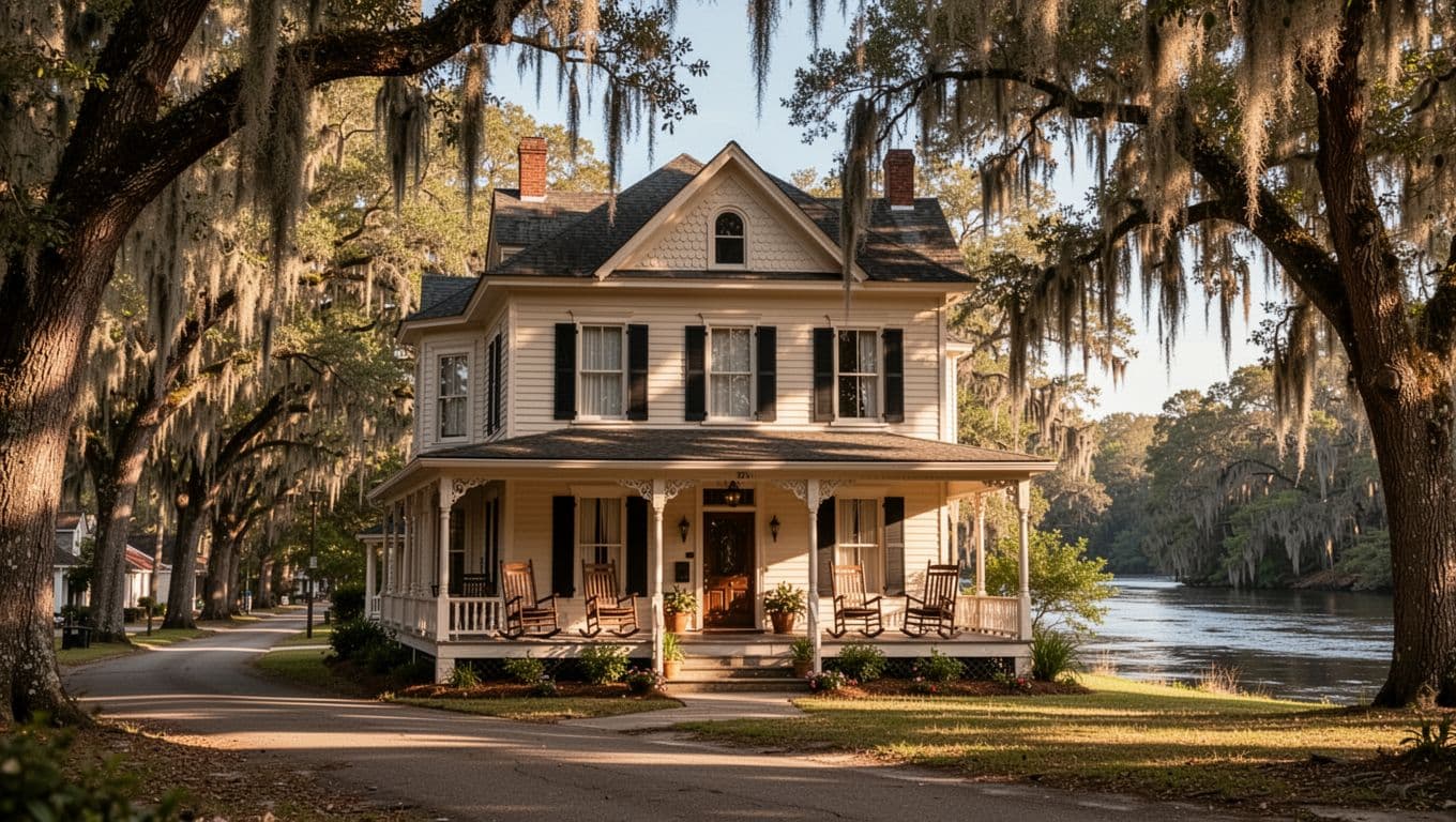 Victorian house with wraparound porch and rocking chairs on oak-lined street with Spanish moss, Magnolia River background, green Bed & Breakfast banner at top.