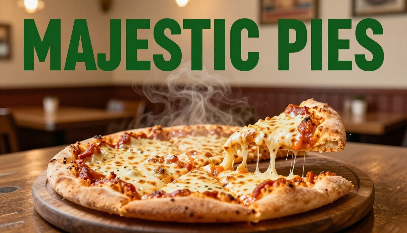 Steaming cheese pizza with pulled slice on wooden board in cozy Alabama diner, 'MAJESTIC PIES' green headline band at top.