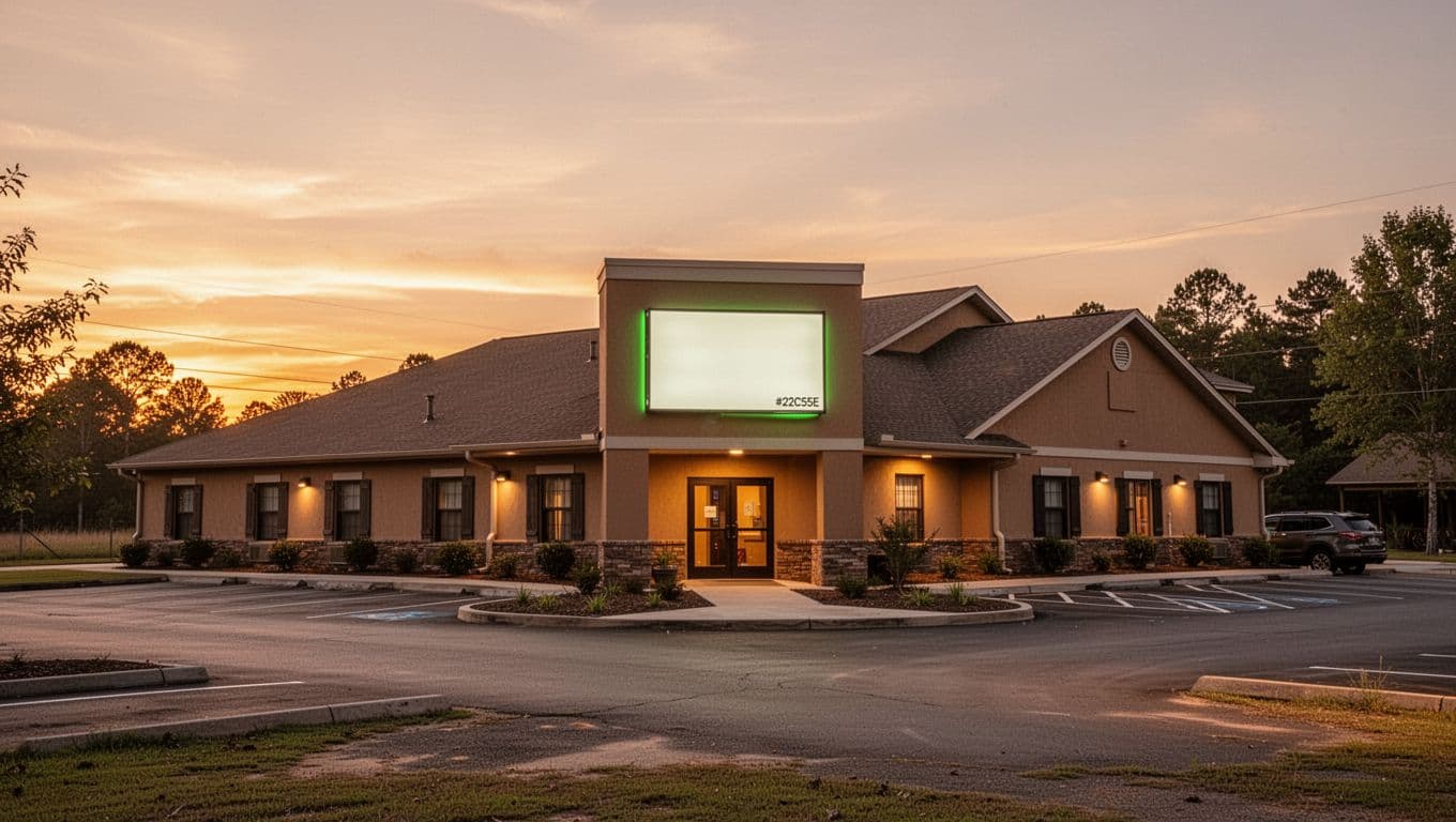 Single modern hotel building with parking lot and Malvern Stays sign on green band at dusk.