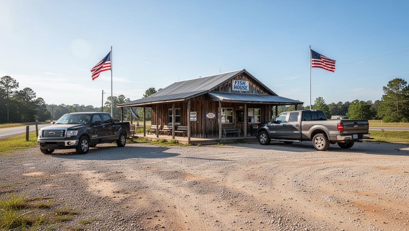 Small wooden fish house on gravel lot with two pickup trucks, waving American flag, clear blue sky, green top banner reading ROADside STOP.