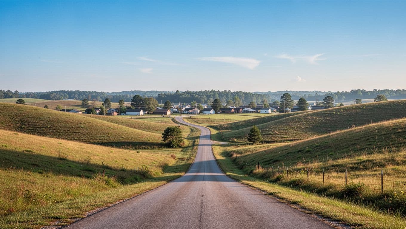 Rolling hills, winding road, and distant town in sunny Marion County countryside under blue sky, with BRILLIANT AREA headline on green band at top.