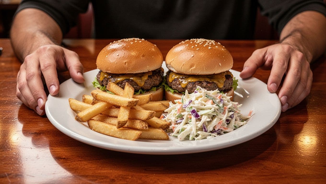 White plate with burger, fries, and coleslaw on wooden table, green band with 'Menu Hit' at top, relaxed hands nearby.