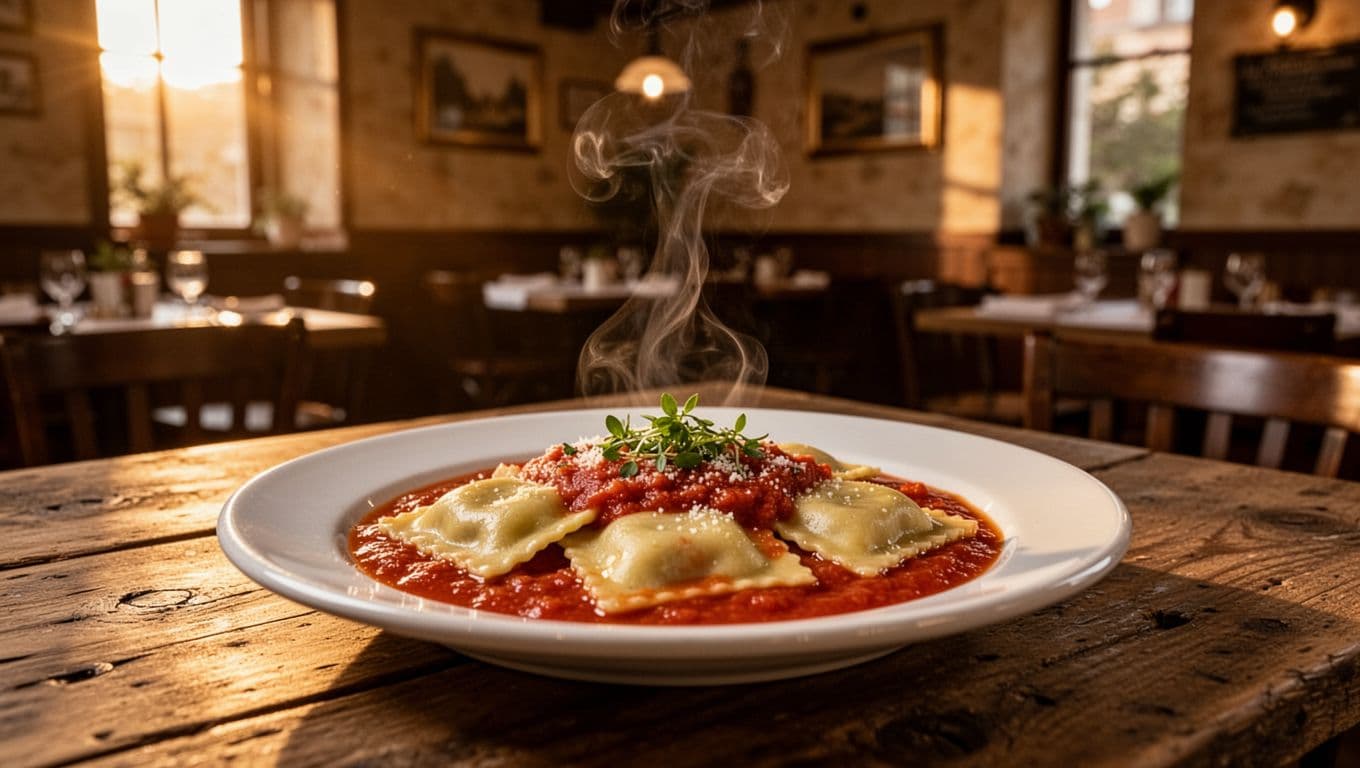 Plate of three cheese ravioli in marinara sauce on wooden table in warm Italian restaurant, steam rising with fresh herb garnish.
