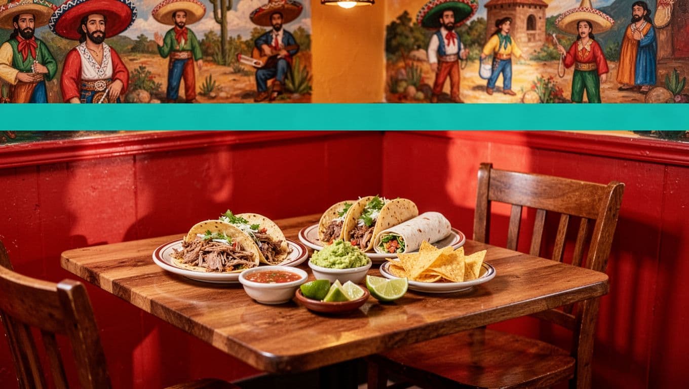 Vibrant Mexican restaurant interior shows empty table with tacos al pastor, burrito, guacamole, chips, salsa, limes below 'MEXICAN GRILL' green banner.