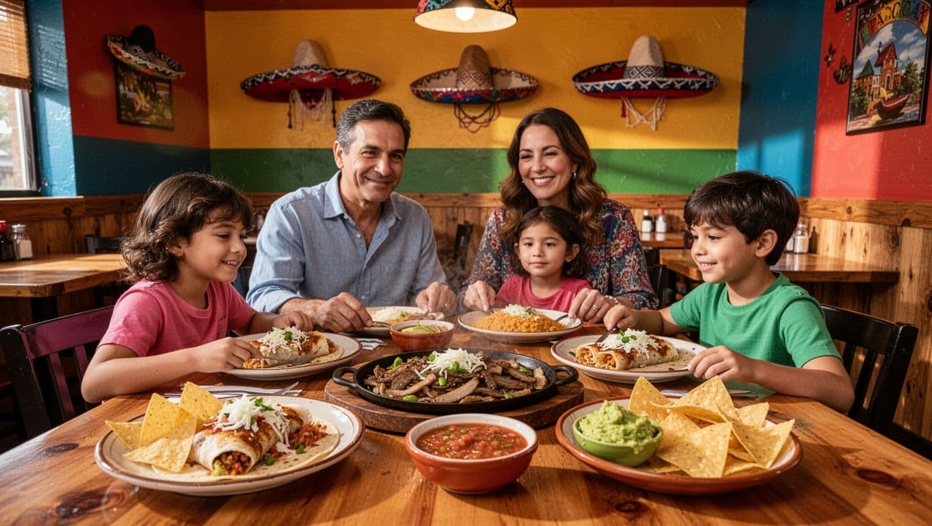 Family of two adults and two kids seated at wooden table with sizzling fajitas, enchiladas, chips and guacamole in colorful Mexican restaurant under 'Mi Casita' green banner.