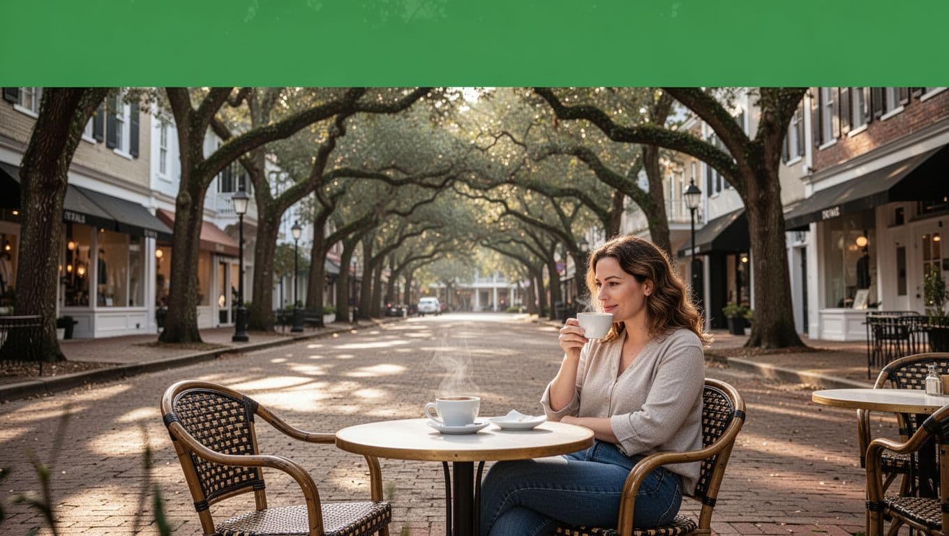 Person sits relaxed at outdoor cafe table on oak-lined street with historic homes and boutiques in soft morning light, under green 'Midtown Mobile' headline band.