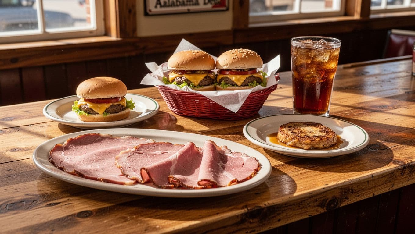 Cozy deli counter with meat and two plate, cheeseburger basket, and sweet tea glass on wooden table under green 'Deli Pick' headline band.