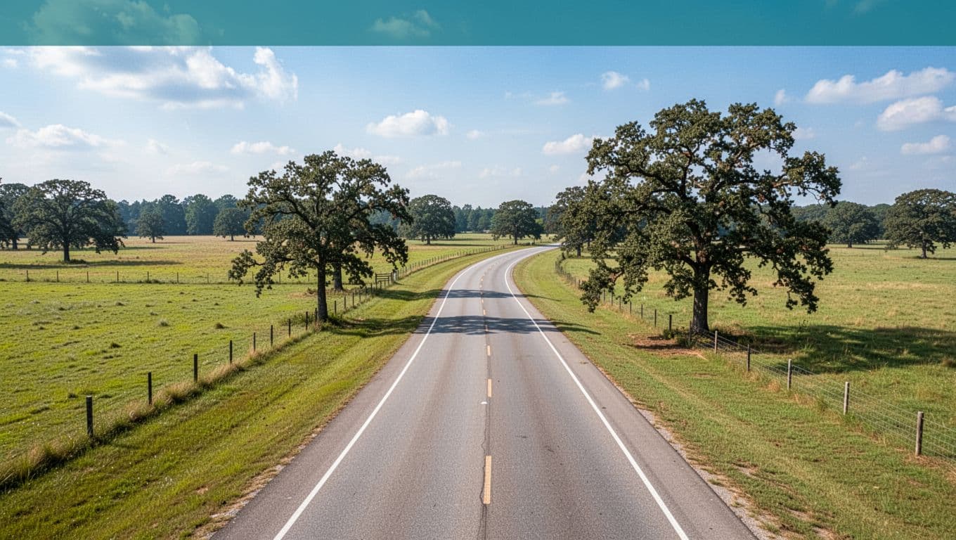 Green top banner reads 'Travel Tips'; below, aerial view of curving paved highway through fields, fences, and oak trees under blue sky.