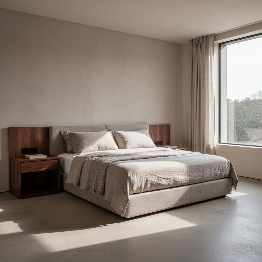 A clean modern bedroom features neutral tones and bold text highlighting nearby accommodation options.