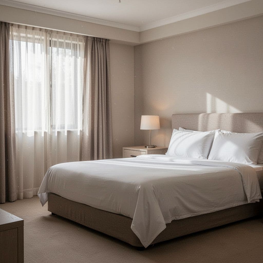 A bright and tidy hotel room featuring simple furniture and a neutral color palette.