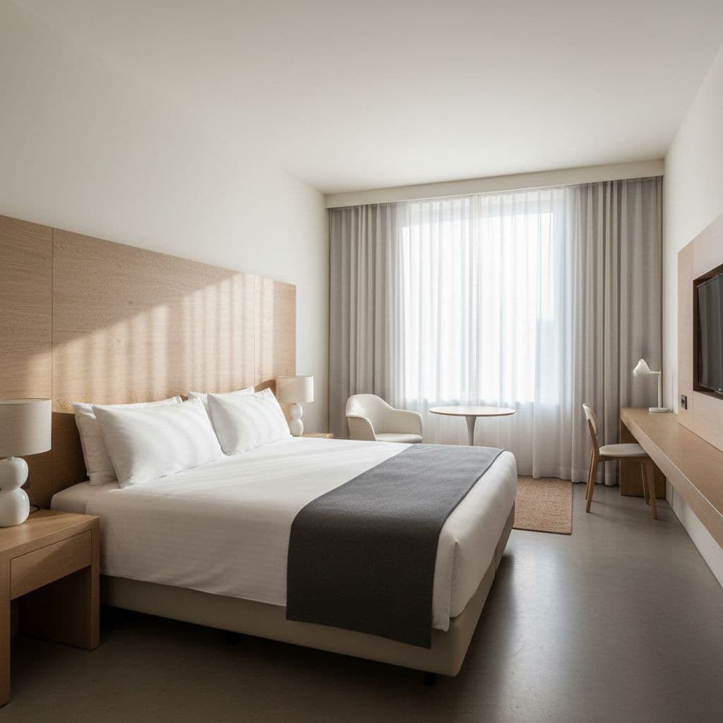 A bright hotel room features a neatly made bed bathed in soft, natural daylight from the window.