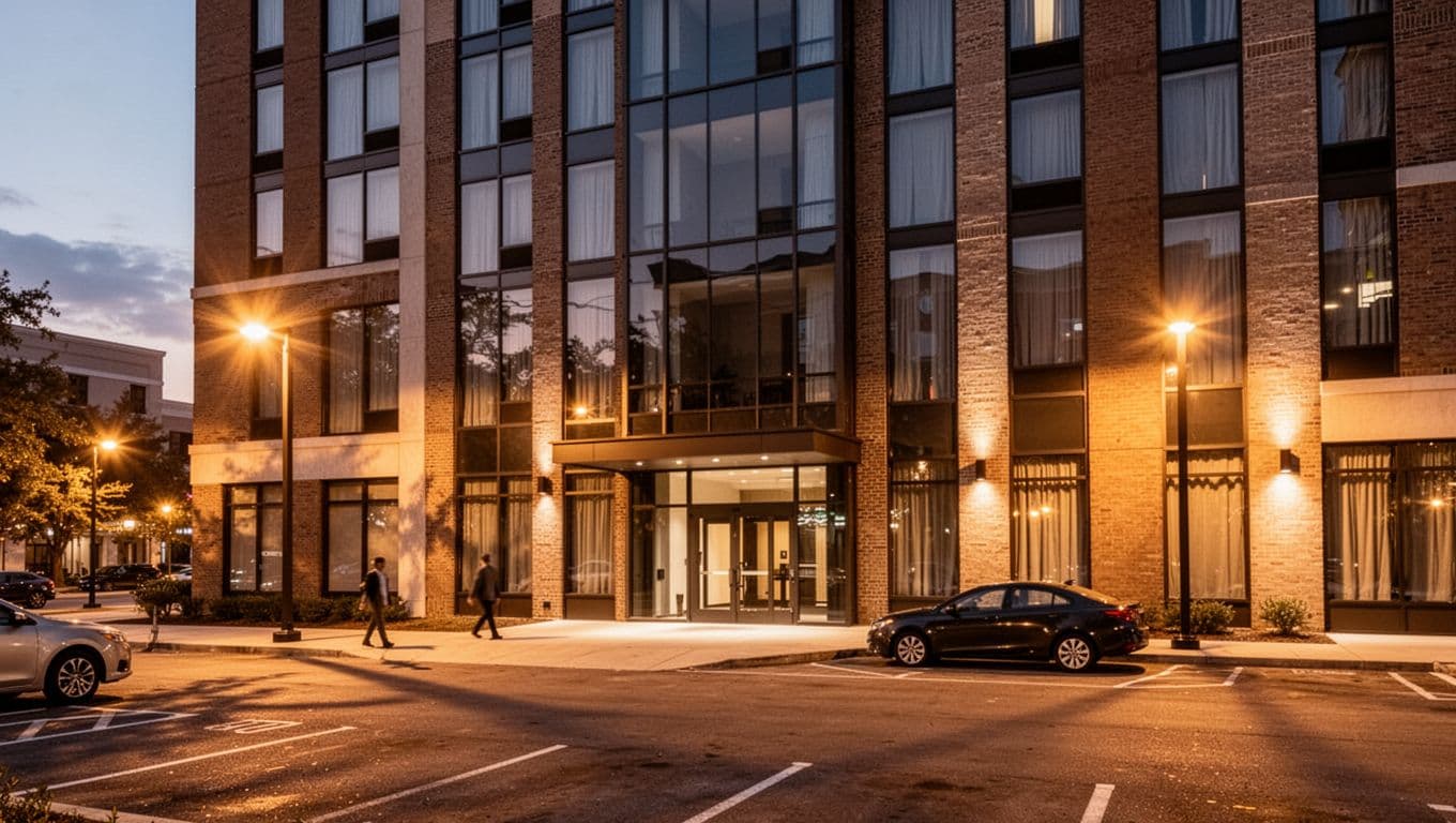 Evening-lit city hotel exterior in Mobile with parking lot, street view, one walking person, one vehicle, and top green 'Mobile County Options' headline.