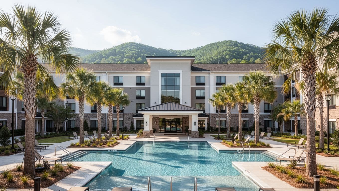 Modern hotel entrance with outdoor pool and palm trees against green hills on sunny day, topped by green 'Hotel Stays' banner.